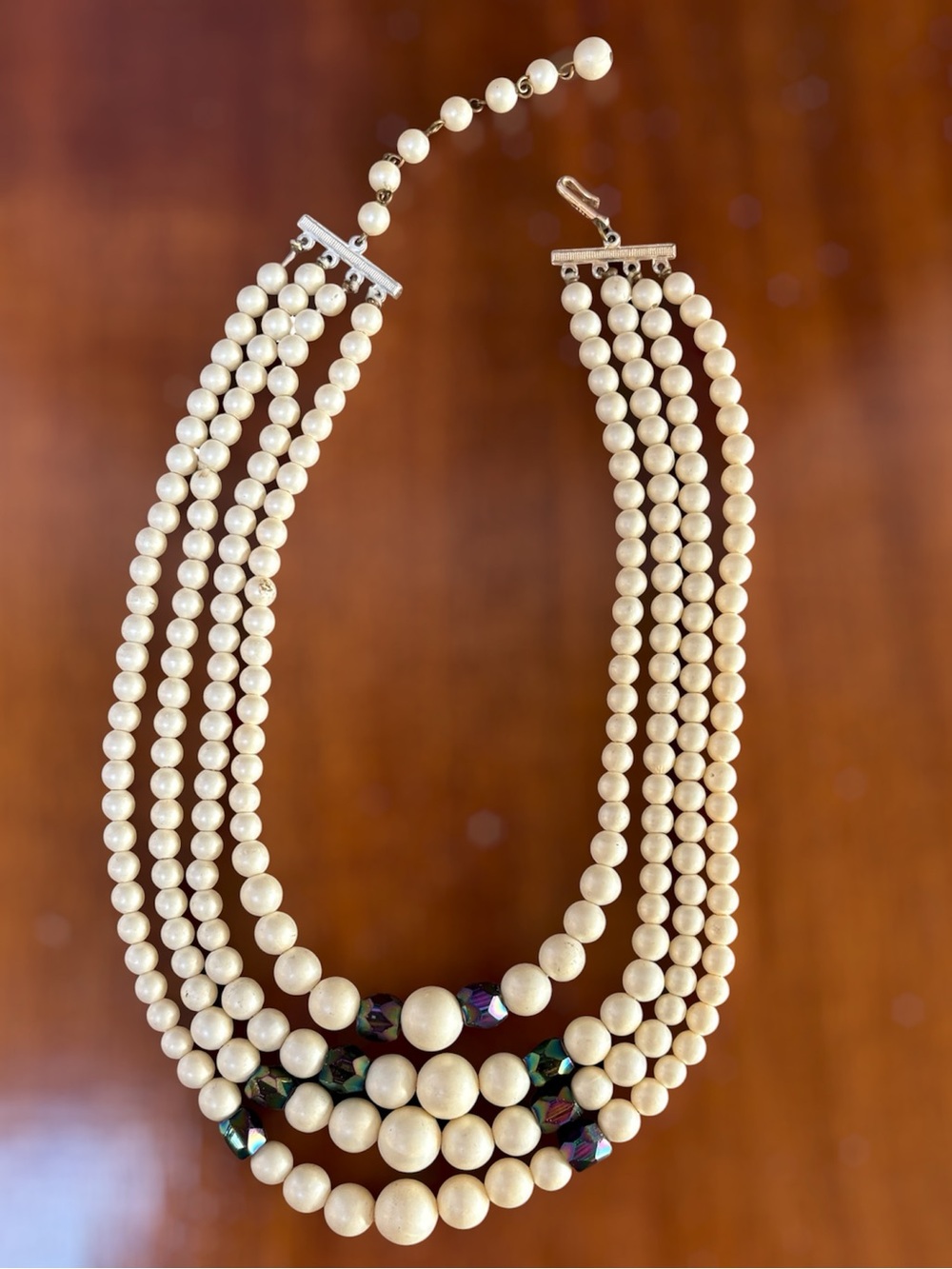 Multi-Strand Ivory Pearl Necklace with Iridescent Accent Beads
